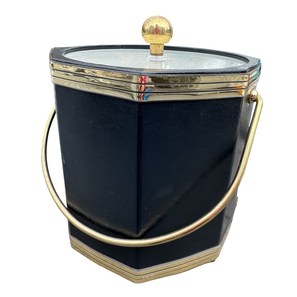 Kraftman Vintage Black Faux Leather‎ Hexagon Ice Bucket Gold Trim MCM retro